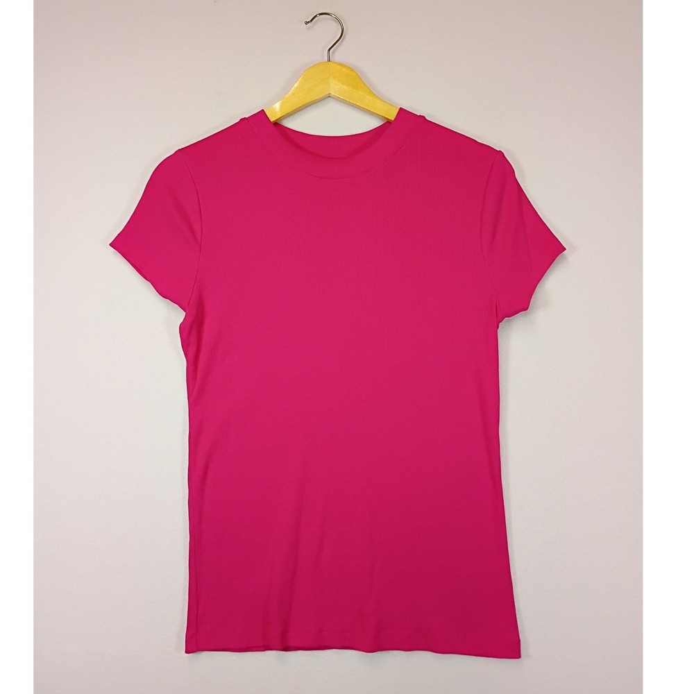 Barbiecore A New Day Womens Medium Magenta Pink Ribbed Short Sleeve Crew Tee